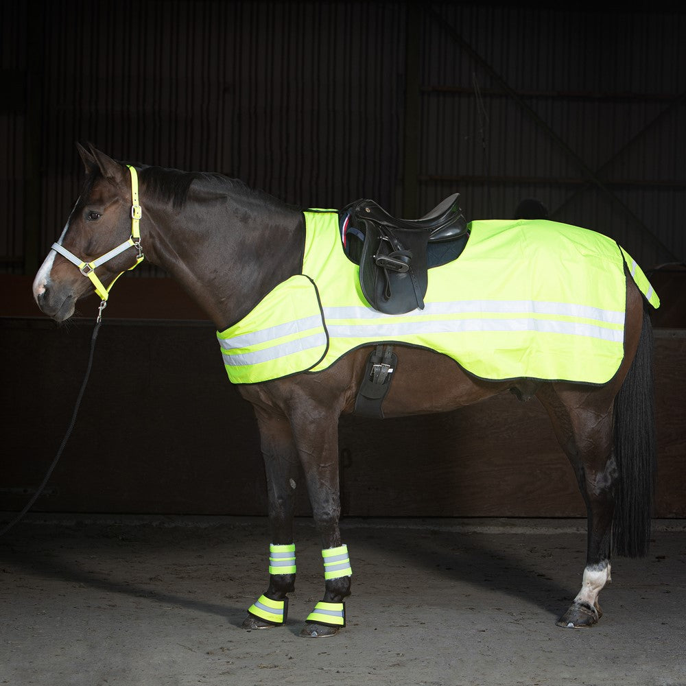 Gesatteltes Pferd mit Harry’s Horse Ausreitdecke Reflective in neon gelb bei Dunkelheit, mit reflektierenden Streifen für hohe Sichtbarkeit beim Ausreiten bei schlechten Lichtverhältnissen