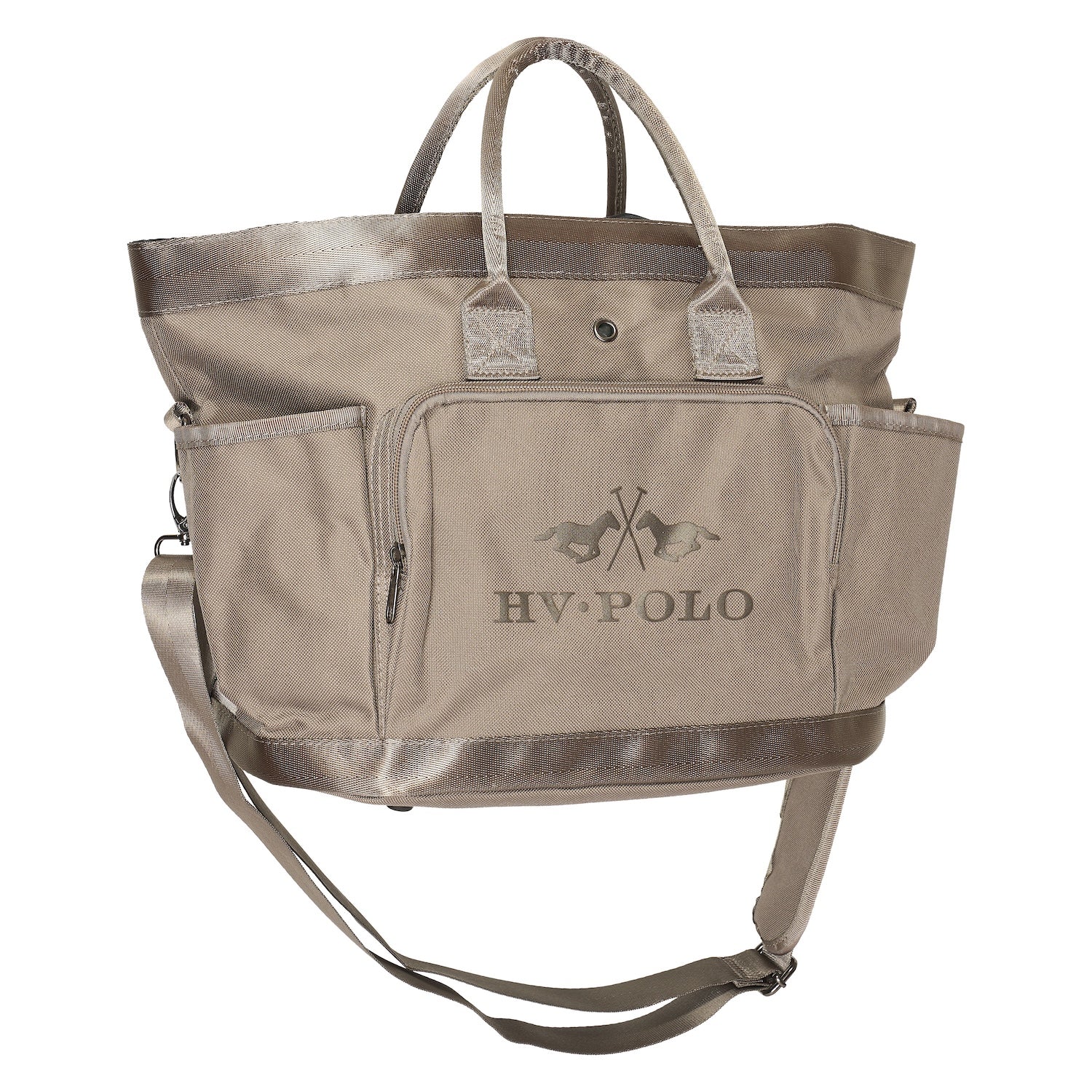 Die HV Polo Putztasche HVPJonna in der Farbe pebble, einem eleganten Beigeton ist mit praktischen Handgriffen und einem verstellbaren Schultergurt ausgestattet. Das HV Polo Logo ist markant auf der Fronttasche angebracht. Die Putztasche ist perfekt für den Transport und das Tragen von Pferdepflegebürsten und Pferdepflegemitteln geeignet. Edel glänzende Ober- und Unterseite.