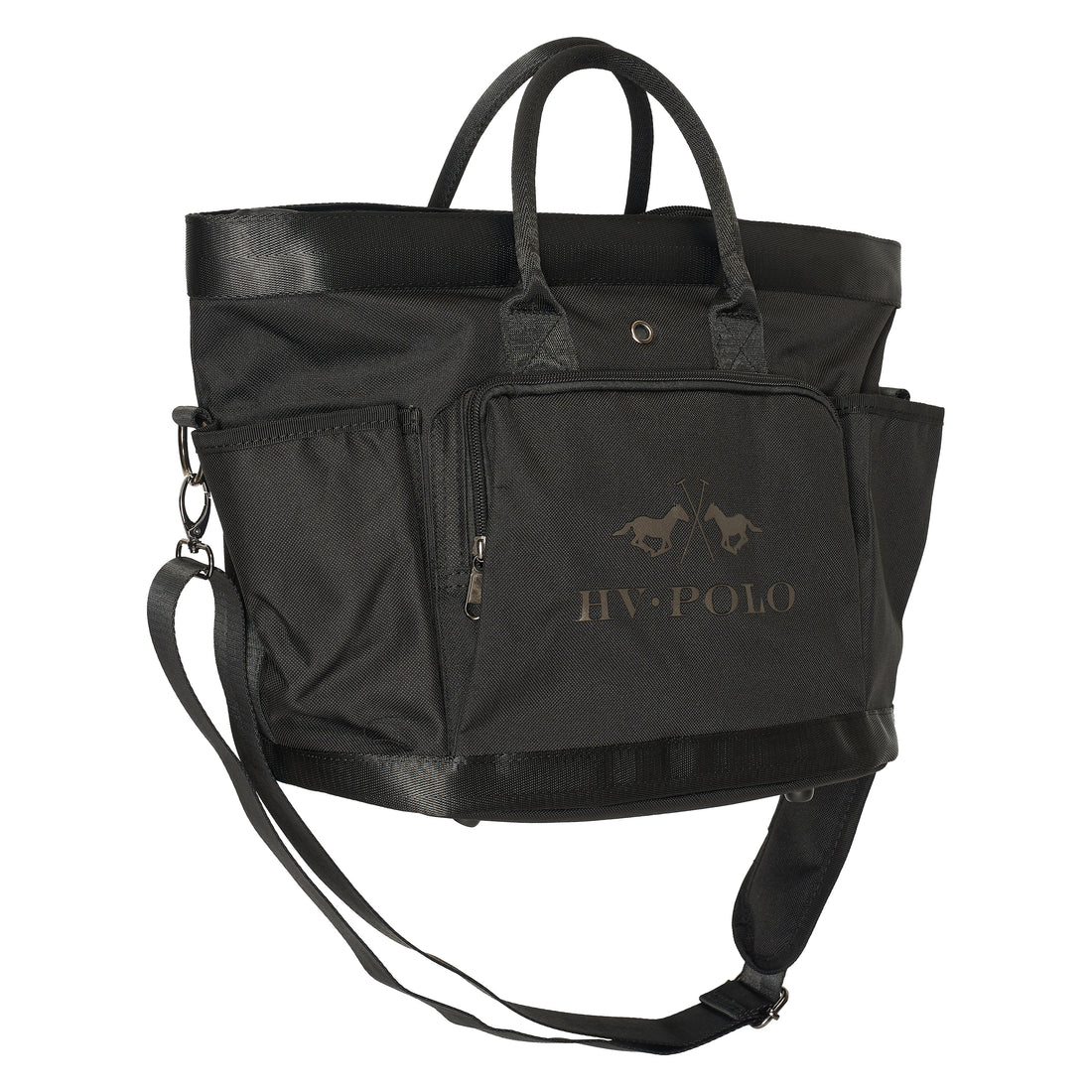 Die HV Polo Putztasche HVPJonna in schwarz für Pferdebürsten, Striegel, Pferdepflegemittel und Reitsportequipment. Mit zwei Handgriffen zum Tragen in der Hand und mit einem verstellbarem Schultergurt zum Tragen über der Schulter. Elegantes Design mit HV Polo Logo Print. 