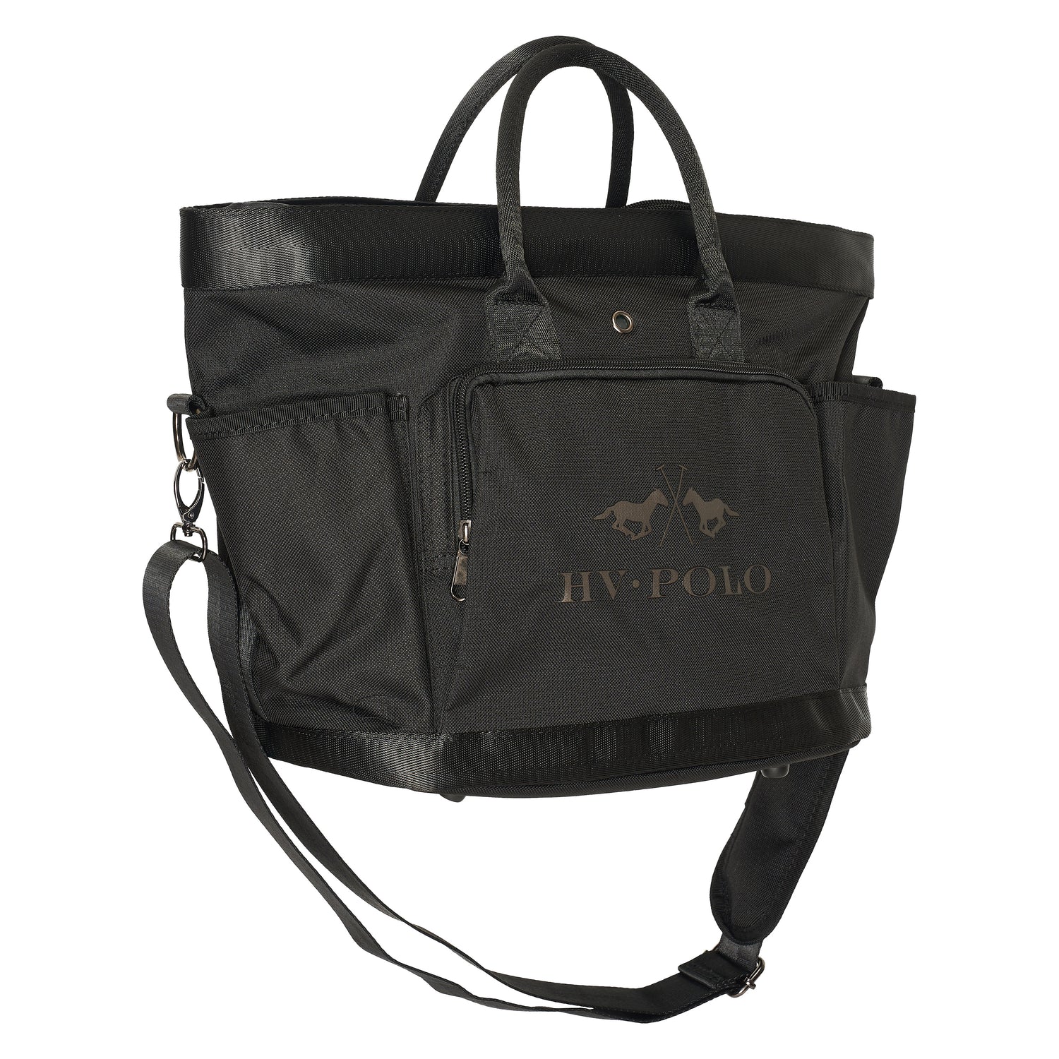 Die HV Polo Putztasche HVPJonna in schwarz für Pferdebürsten, Striegel, Pferdepflegemittel und Reitsportequipment. Mit zwei Handgriffen zum Tragen in der Hand und mit einem verstellbarem Schultergurt zum Tragen über der Schulter. Elegantes Design mit HV Polo Logo Print. 