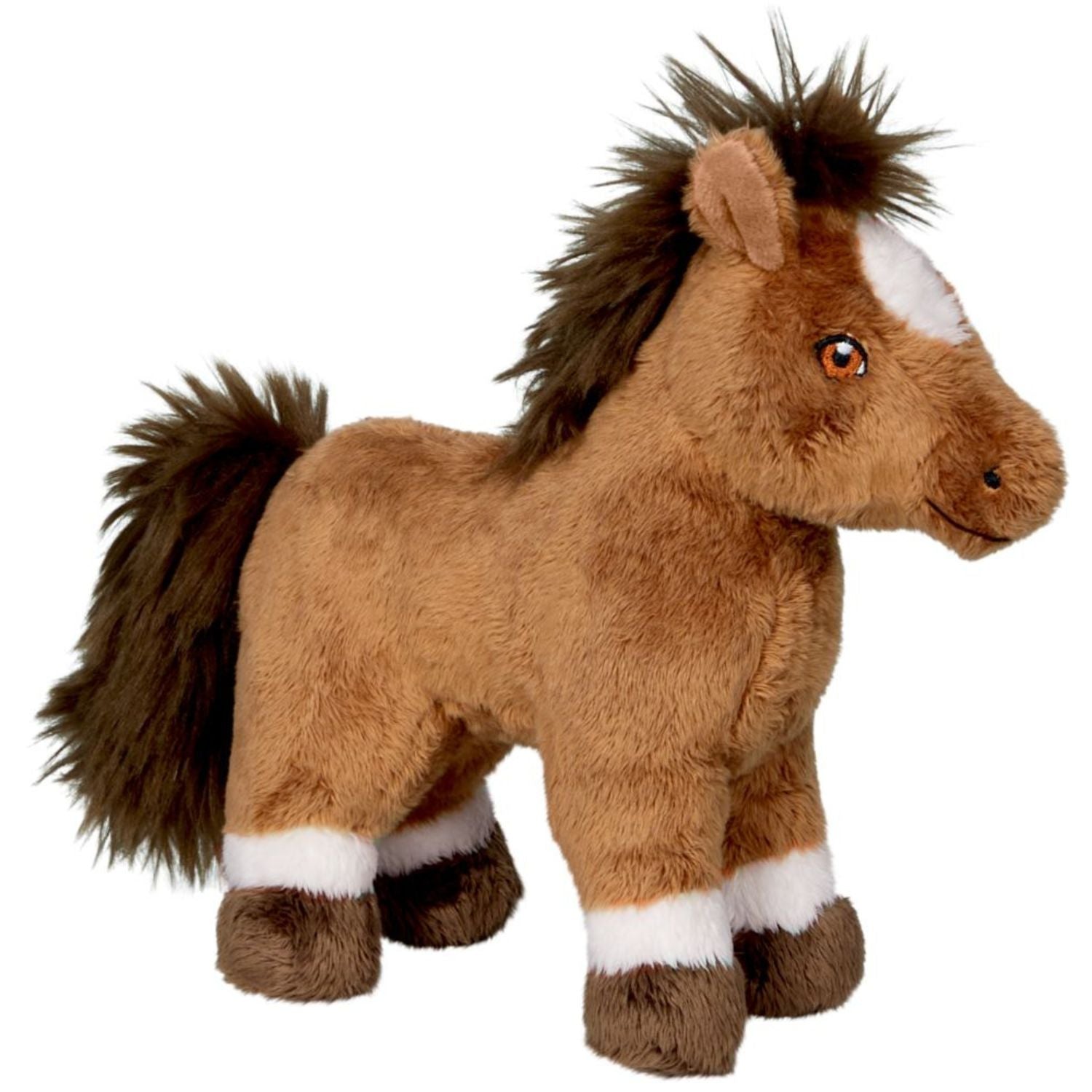 Das Plüsch Pony Daisy aus der Spiegelburg-Serie "Mein kleiner Ponyhof" ist braun mit dunlerer Mähne und Schwif. Die bernsteinfarbenen Augen fallen direkt auf. Eine kleine weiße Blesse am Pferdekopf und weiße Abzeichen an allen vier Beinen lassen Daisy wie ein echtes Pony aussehen. Schweif und Mähne sind struppig und lassen das Stofftier weich wirken. Das Plüschpony hat eine stämmige Form.