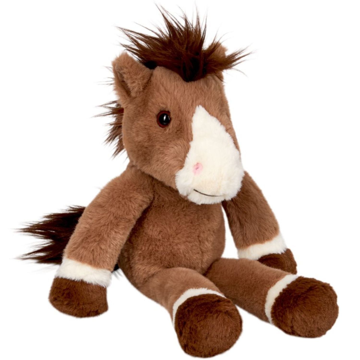 Das Plüsch Pony Tony aus der Spiegelburg-serie "Mein kleiner Ponyhof" sitzt lässig und streckt die längeren Hinterbeine nach vorne aus. Das Plüschtier ist braun, mit weißer Blesse auf der Nase und vier weißen Abzeichen an den Beinen. Die Mähne und der Schweif sind struppig. Das Pony sieht weich aus und hat süße braune Knopfaugen.