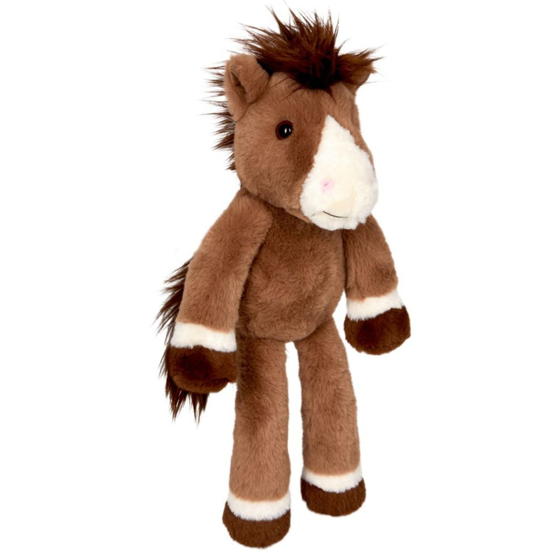 Plüsch-Pony Tony wird hängend gezeigt. Die kurzen Vorderbeine und die längeren Hinterbeine hängen an dem Pony herunter. Es sieht fast aus als ob er steht. Die Beine sind weich und ermöglichen es witzige posen wie diese einzunehmen. Die dunklere Mähne und der Schweif sind mit längeren strubbeligen Plüschhaaren versehen. Das Pony Ton sieht kuschelig weich aus.