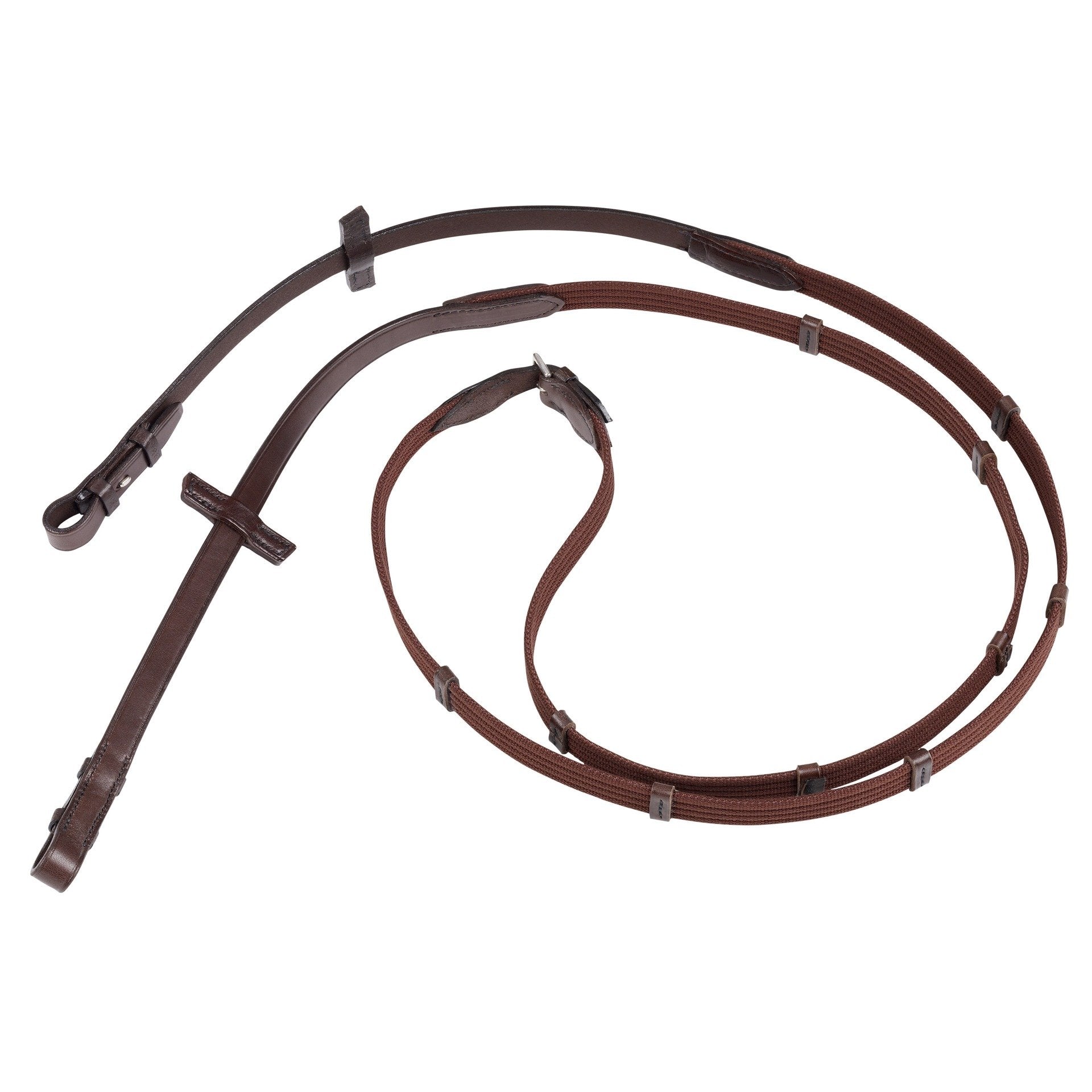 Stübben Gurtzügel schmal in der Farbe Ebony (dunkelbraun) mit 5 Lederstegen und Zaumhaken – hochwertige Reitzügel aus robustem Gurtband mit edlen Lederenden für präzise Zügelführung im Dressur-, Spring-, Vielseitigkeits- und Turniersport, verfügbar in 120 cm, 140 cm und 150 cm