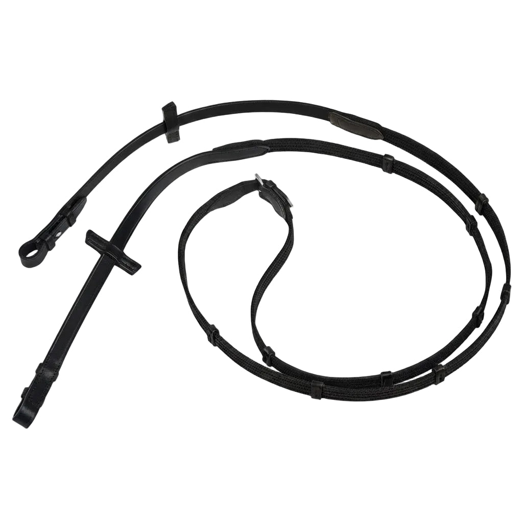 Hochwertige schwarze Stübben Gurtzügel, schmal mit 5 Lederstegen und Zaumhaken für präzise Zügelführung – strapazierfähiges Gurtband, edles Lederende, ideal für Dressur, Springreiten, Vielseitigkeit, Freizeit &amp; Turniersport, erhältlich in 120 cm, 140 cm, 150 cm.