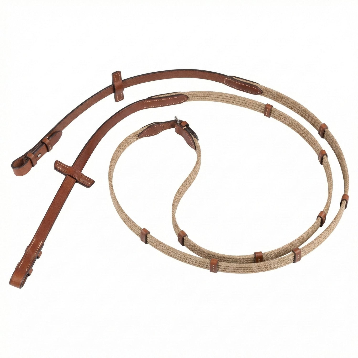 Stübben Gurtzügel schmal in der Farbe Tobacco mit 5 Lederstegen und Zaumhaken – griffige Premium-Reitzügel aus robustem Gurtband mit Lederenden für präzise Zügelführung im Dressur-, Spring-, Vielseitigkeits- und Turniersport, erhältlich in 120 cm, 140 cm und 150 cm. Tobacco ist ein heller Braunton, das Gurtband ist in einem hellen Beigeton ausgeführt und die kontrastfarbigen weißen Nähte runden den eleganten Stil der Zügel ab.