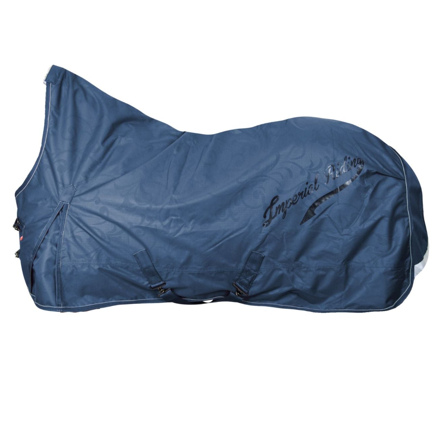  Imperial Riding Outdoordecke IRHSuper Dry 0g in der Farbe Sapphire mit floralem Design, wasserdichte Pferde-Regendecke mit Imperial Riding Logo auf der linken hinteren Seite der Pferdedecke. Gekreuzte Bauchgurte, sorgen für Halt, die vordere Gehschlitz sorgt für Komfort. Der High-Neck-Schnitt sorgt für den besten Schutz bei jeder Witterung.