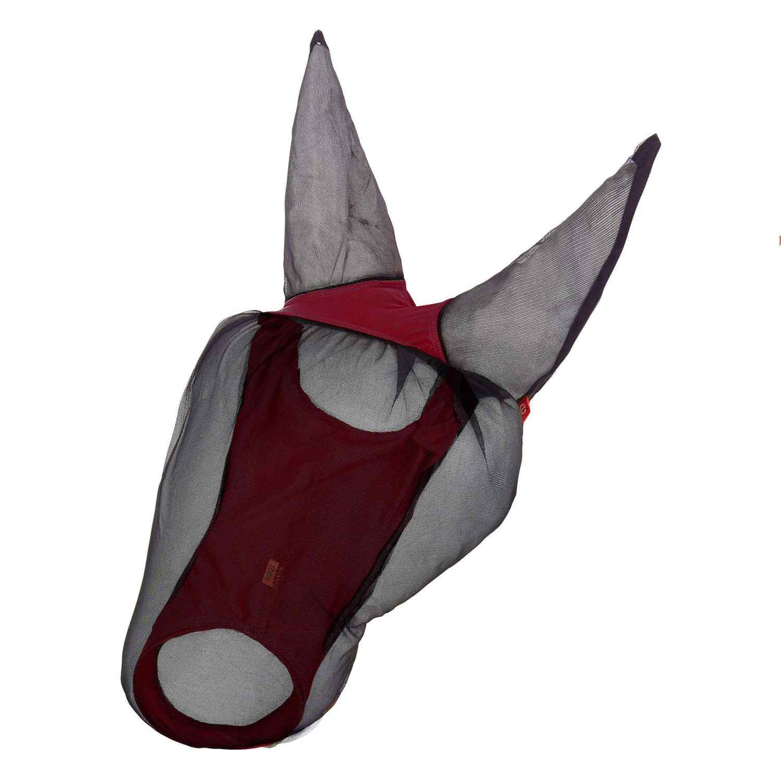 Das Produktbild zeigt die bordeauxfarbene Imperial Riding Fliegenmaske IRH Careful mit dünnem schwarzem Mesh im Augen- und Ohrenbereich, das für optimalen Fliegenschutz sorgt und gleichzeitig eine hohe Atmungsaktivität bietet, wodurch sich die leichte Fliegenmaske ideal für heiße Tage am Pferdekopf eignet.