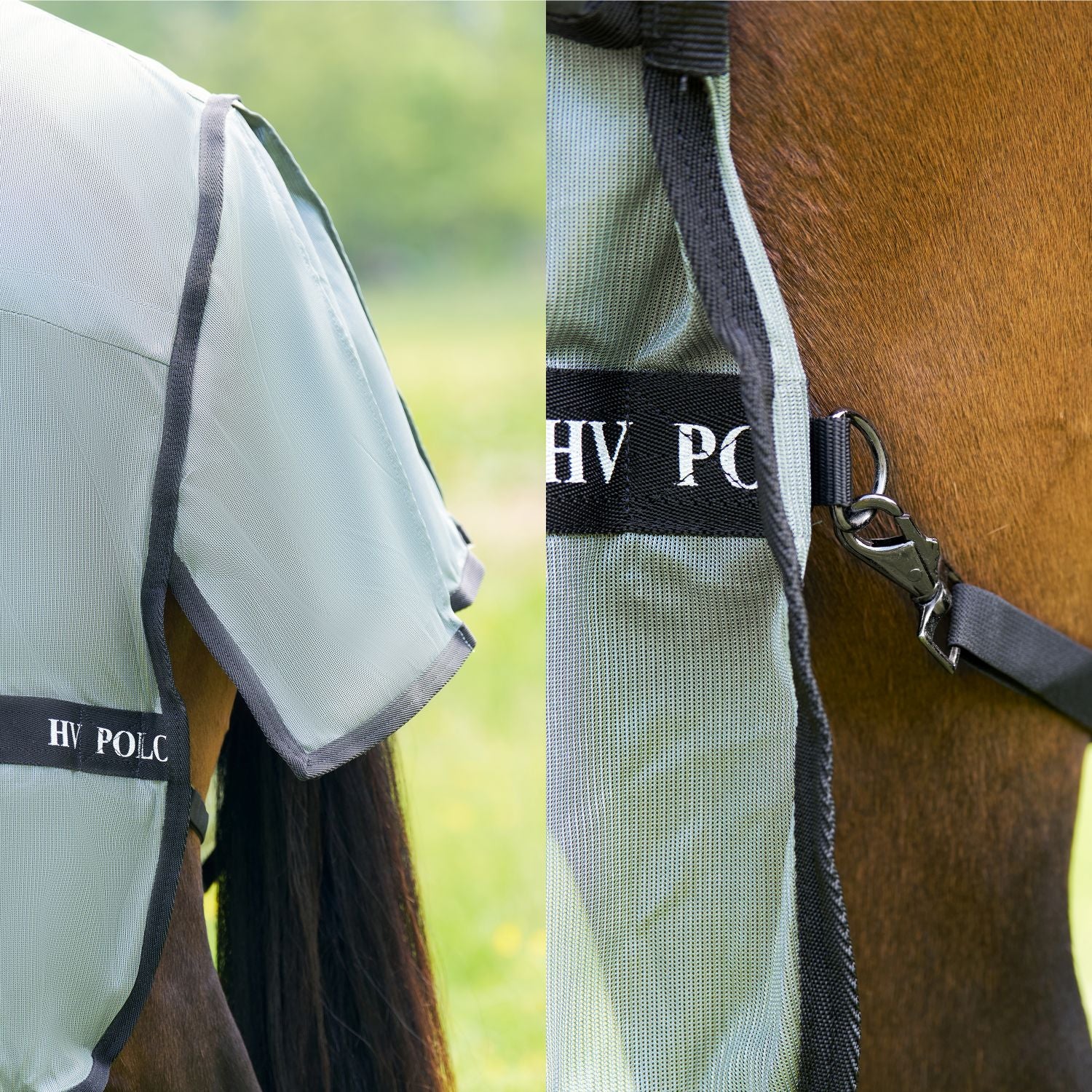 Der Schweiflatz bietet genug Bewegungsfreiheit für den Schweif. Das Absetzen von Kot und die Kommunikation des Pferdes werden nicht gestört. Der hintere Teil der Fliegendecke ist mit Gurten um die Hinterbeine befestigt, damit die Decke nicht seitlich herunterrutschen kann.