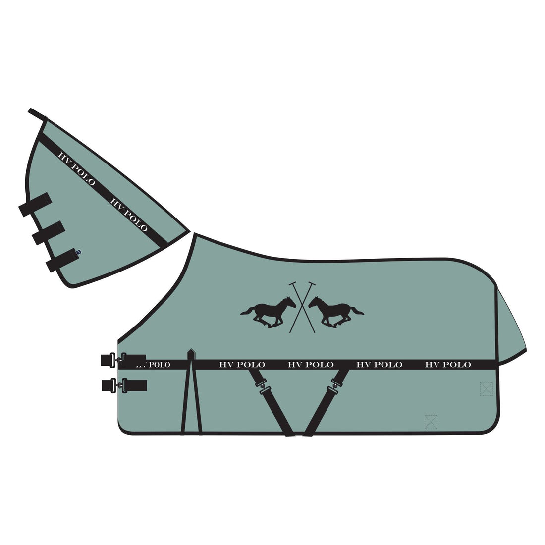 Zweiteiliges Fliegendecken-Set bestehen aus abnehmbarem Halsteil und Fliegendecke mit Kreuzgurten. Diese Kombination soll den mechanischen Fliegenschutz für Ponys und Pferde optimieren und bietet individuelle Anpassung an Temperatur und dem Aufkommen von Fliegen, Bremsen und stechenden Insekten.