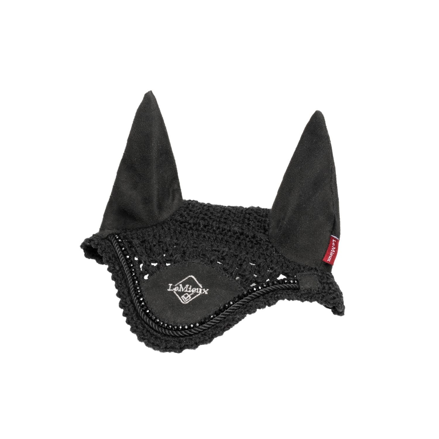 Detaillierte Nahaufnahme der schwarzen LeMieux Hobby Horse Fliegenmütze Black mit funkelnden Kristallsteinen, handgehäkelt aus Baumwolle und Seide.