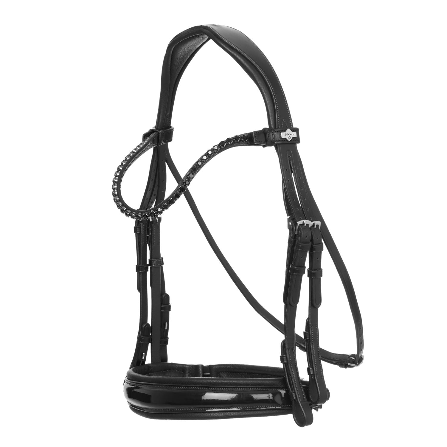 LeMieux Kudos curb bit black patent leather browband with black crystal stones