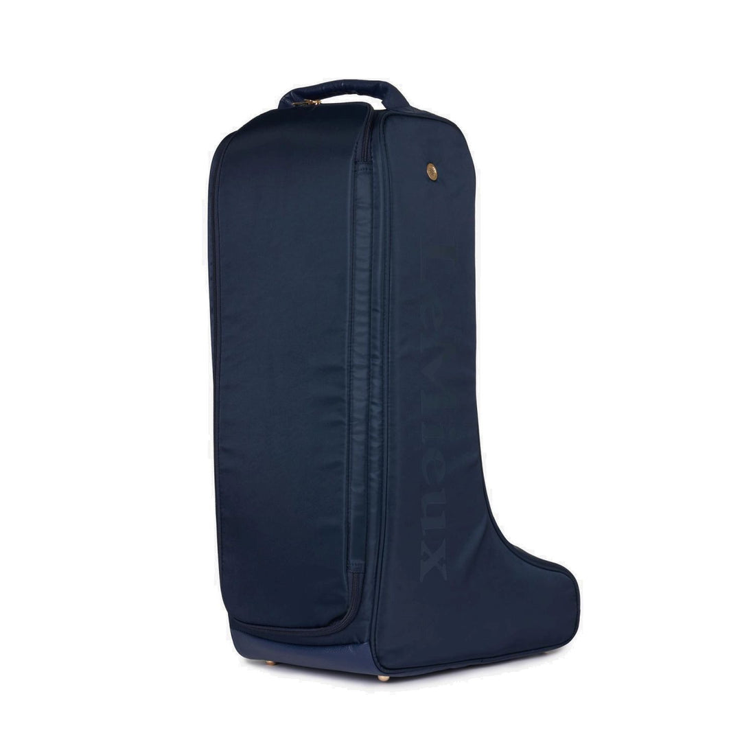 Rückansicht der LeMieux Stiefeltasche Luxe Navy mit goldenen Metallapplikationen und Lüftungsöffnung – eleganter Luxus für Reitstiefel