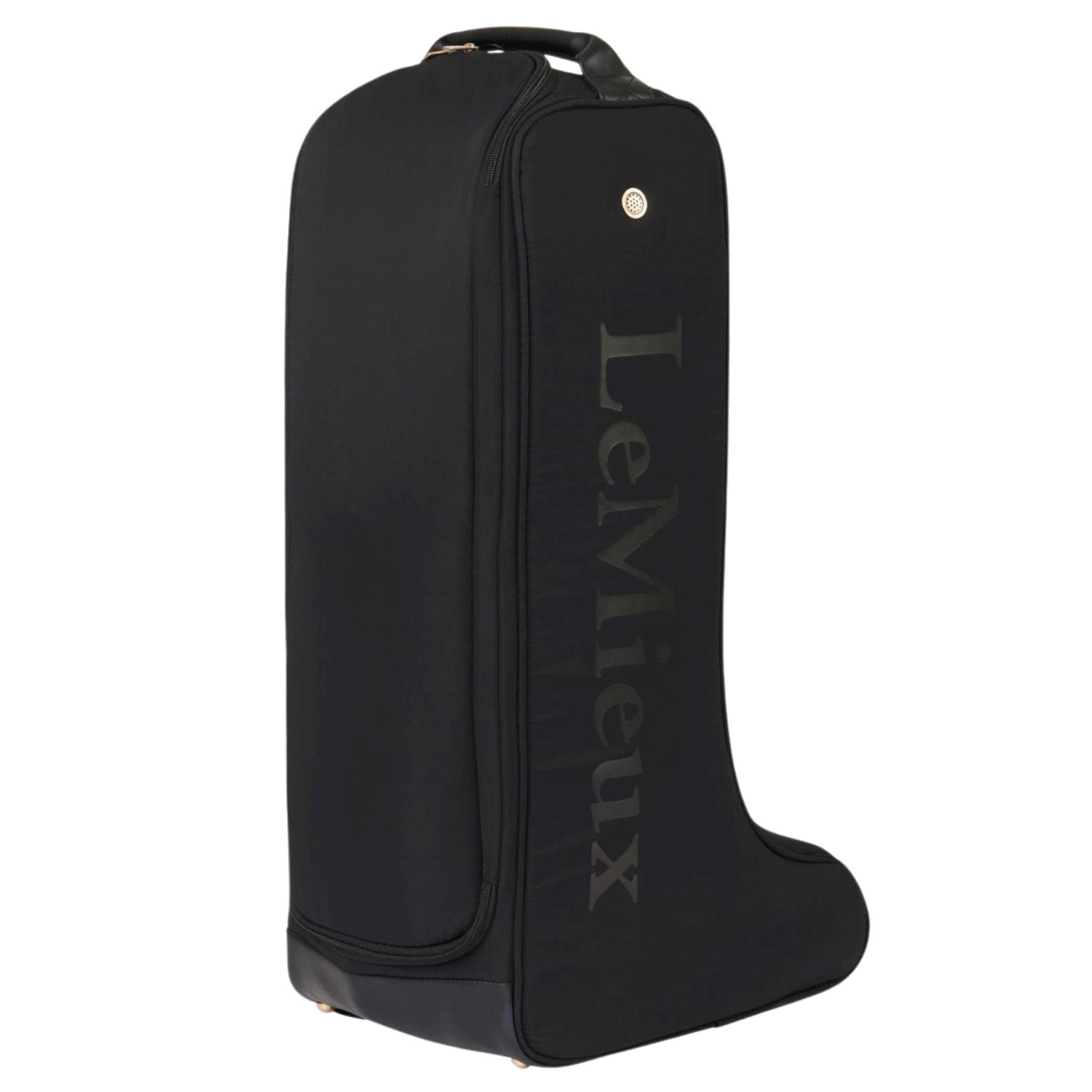 Seitenansicht der LeMieux Luxe Stiefeltasche mit großem Logo, gerolltem Handgriff und goldenen Lüftungsöffnungen – elegante Reitstiefel Tasche für Turnier &amp; Transport.