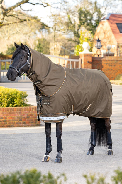 Seitenansicht der LeMieux Arika Ripstop Turnout Rug 0 g Alpine – patentierter Brustverschluss, Bewegungsfreiheit und Paddock-/Weidedecke für Pferde.