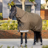 Frontansicht eines Pferdes mit LeMieux Arika Ripstop Outdoordecke 50 g Alpine und abnehmbarem Halsteil vor Stallgebäuden – reflektierender Arika Saum in Hellgrau und sichtbares LeMieux Logo an den Klettverschlüssen des abnehmbaren Halsteils.