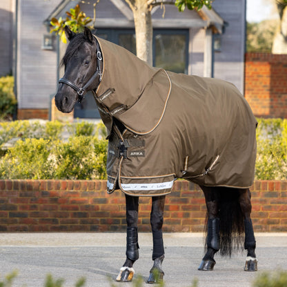 Frontansicht eines Pferdes mit LeMieux Arika Ripstop Outdoordecke 100 g Alpine und abnehmbarem Halsteil vor Stallgebäuden – reflektierender Arika Saum in Hellgrau und sichtbares LeMieux Logo an den Klettverschlüssen des abnehmbaren Halsteils.