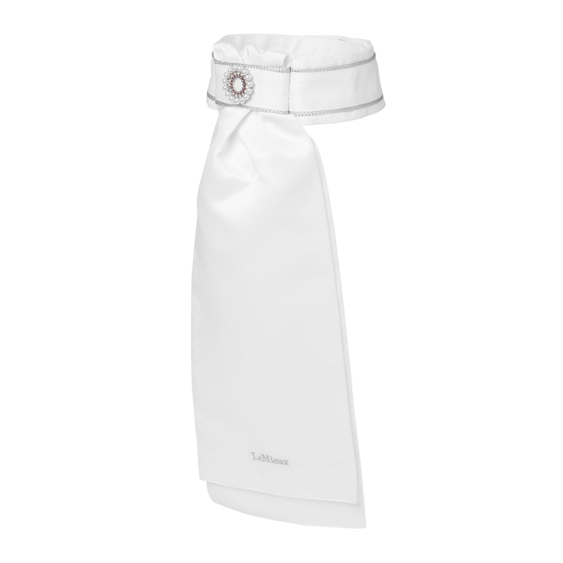 LeMieux Plastron Sparkle in Weiß – elegantes Dressur Plastron mit Kristallen, Perlen und silberner Biese für Turnierreiterinnen.