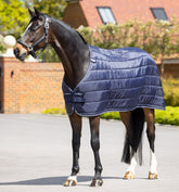 Ein dunkles Pferd trägt die LeMieux Unterdecke 100 g Navy in neutraler Umgebung. Die Decke bietet komfortable Passform, Wärme und Schutz. Leicht wattiert, mit sichtbarem Brustverschluss und Kassettensteppung, eignet sie sich für den Einsatz als Einzeldecke oder im LeMieux Liner-System für flexibles Layering. 
