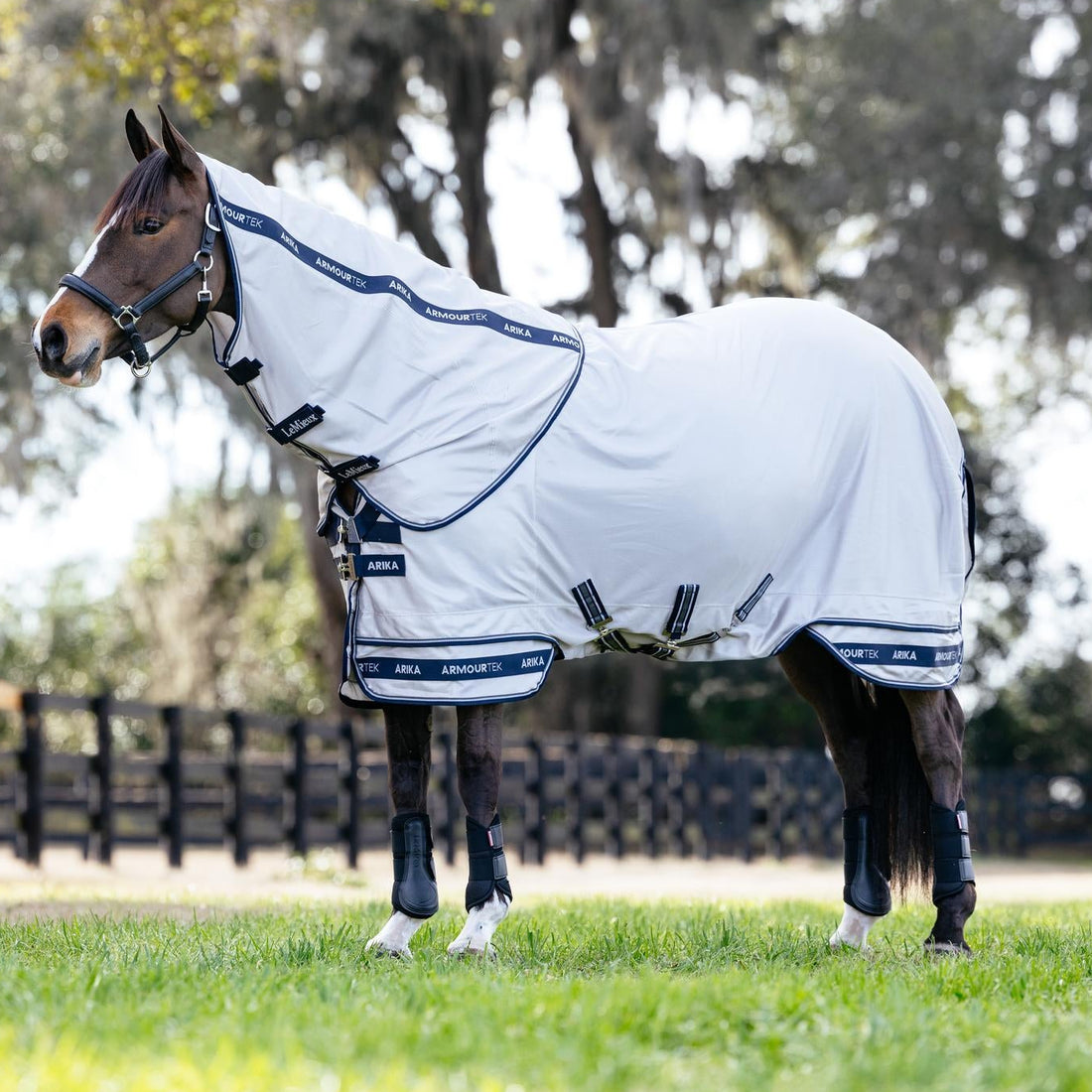Seitenansicht der eleganten LeMieux Fliegendecke Arika Armour-Tek in Grau auf einem Pferd auf der Weide, wobei der zweiteilige Deckensaum mit marineblauen Einfassungen und das perfekt sitzende, abnehmbare Halsteil bei entspannter Halshaltung sichtbar sind. Der längere Deckenschnitt fällt sofort positiv ins Auge.