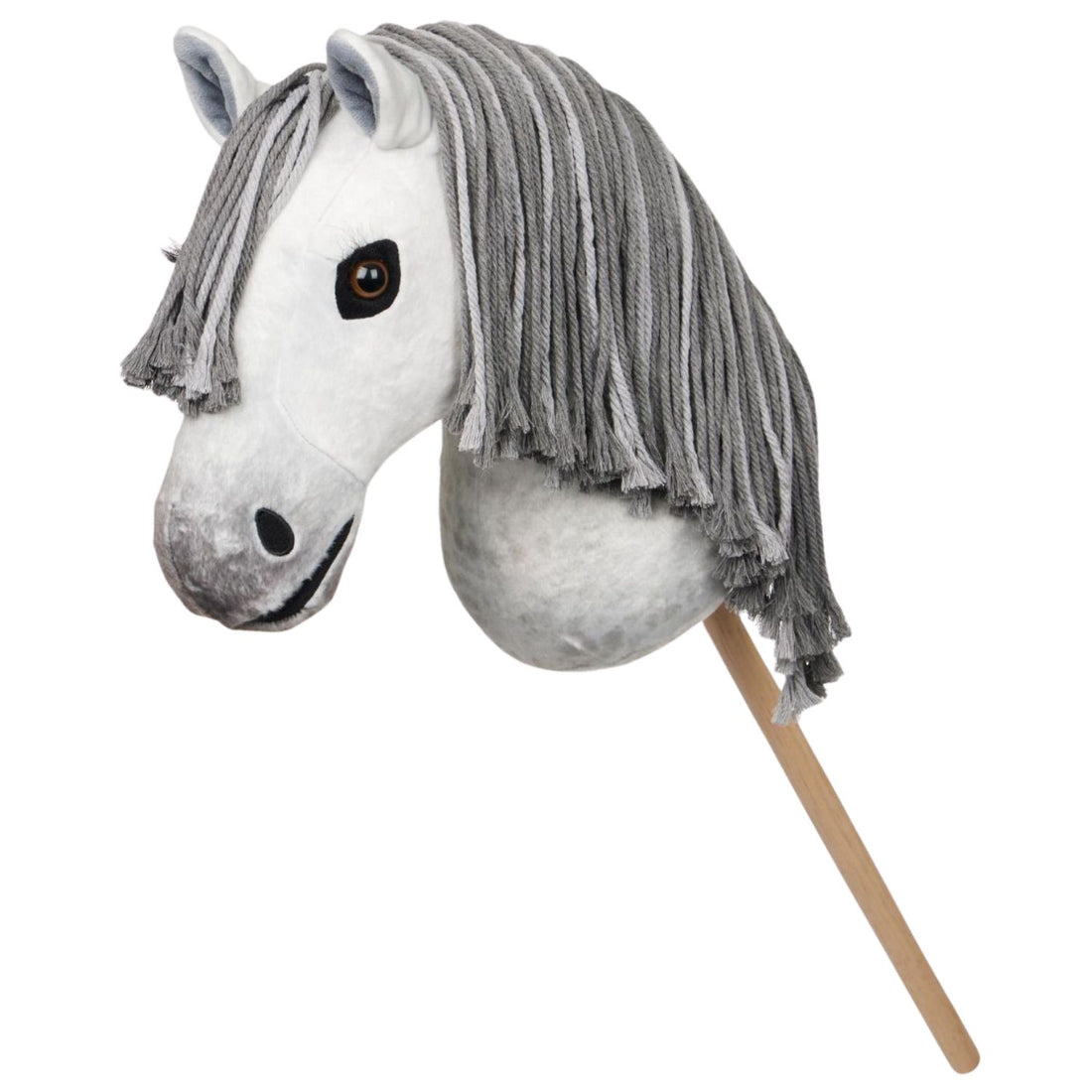 LeMieux Hobby Horse Earl grau mit Mähne in Seitenansicht. Studiofoto auf weißem Hintergrund um das Steckenpferd Earl Grey besser zu sehen und die Details zu erkennen.