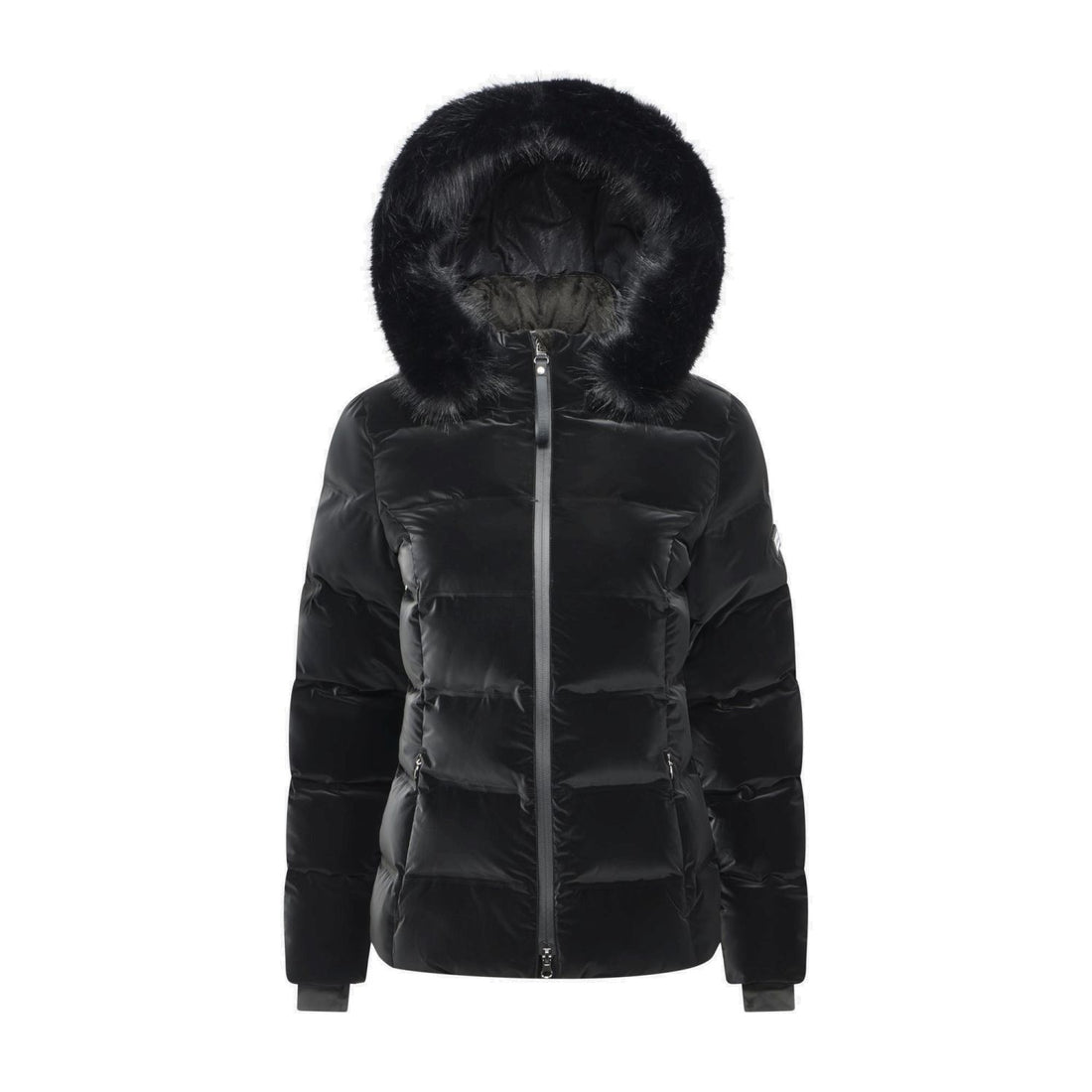 Steppjacke Aspen aus der Aspen Kollektion von Lemieux. Mit abnehmbarer Kapuze, mit schwarzem abnehmbarem Fellrand. Die schwarze Samtoptik schimmert leicht. 2-Wege-Reißverschluss mit großem Ziper. Produktfoto zeigt die Steppjacke auf schwarzem Hintergrund.