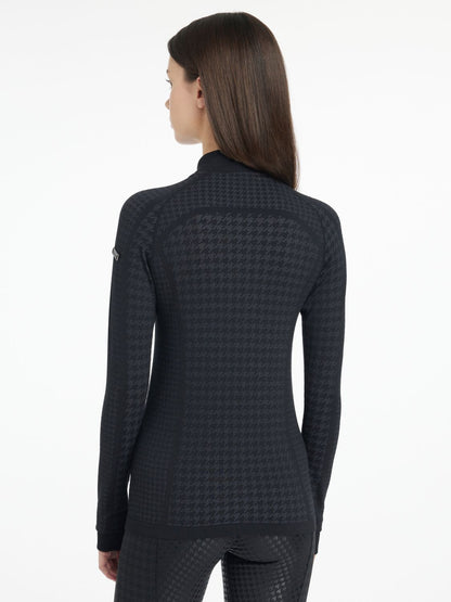 Rückansicht des LeMieux Aspen Houndstooth Quarter Zip Top Black – sportliches Reitshirt für Damen mit figurbetonter Passform.