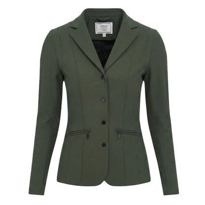 LeMieux Turnierjacket Jessica Mesh in Pine Green für Damen – Vorderansicht des atmungsaktiven Mesh-Turniersakkos mit Logo-Knöpfen und sportlichen Konturnähten für maximale Belüftung im Sommer.
