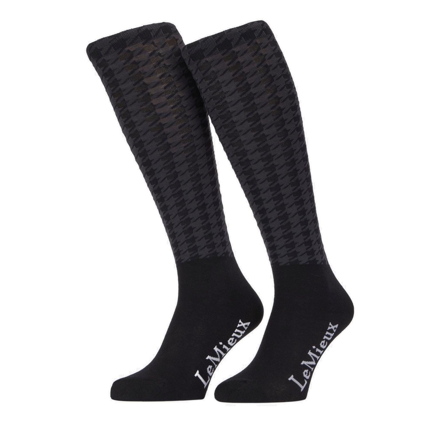 LeMieux Reitstrümpfe Aspen Houndstooth Black – elegante Kniestrümpfe für Damen mit schwarz-grauem Hahnentrittmuster.