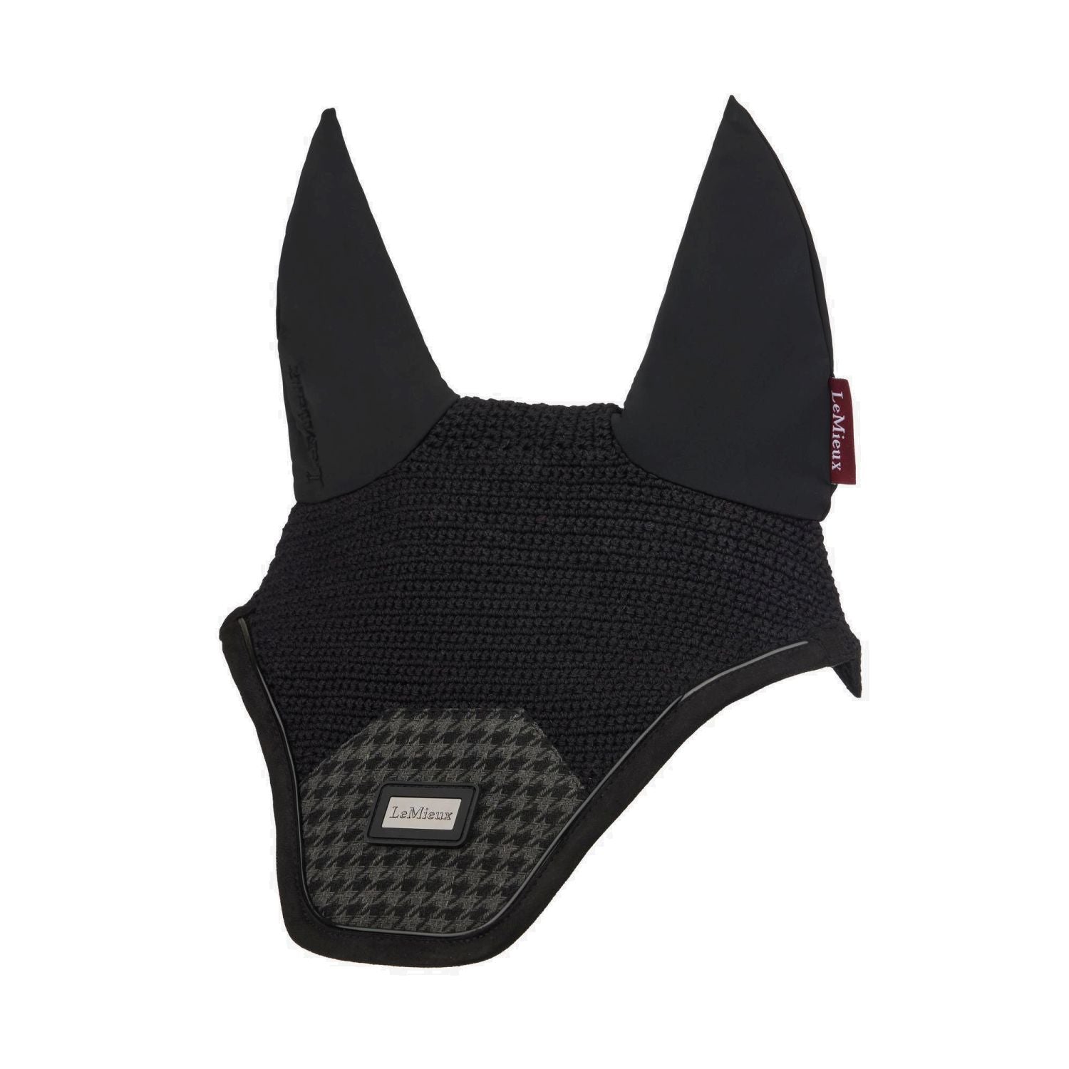 LeMieux Fliegenmütze Aspen Houndstooth Schwarz – elegante handgefertigte Fliegenhaube mit Hahnentrittmuster und metallischem LeMieux Logo. Luxuriöser Insektenschutz mit weichen, elastischen Ohren und atmungsaktivem Netzgewebe für Pferd und Pony.