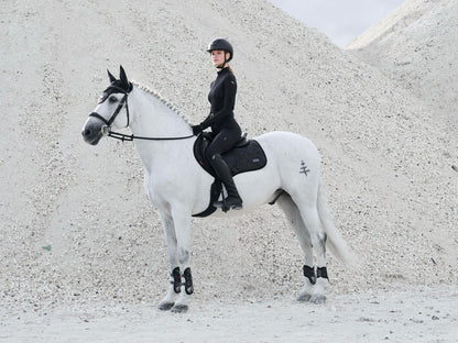 Reiterin und Pferd im Partnerlook mit LeMieux Aspen Capsule Collection, schwarze und graue Houndstooth Schabracke und Halfter, elegante und moderne Reitsportausrüstung im Aspen Design.