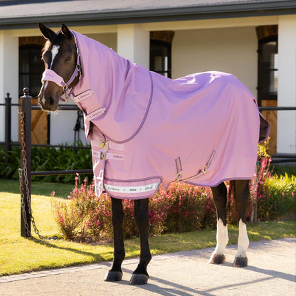 Ein Pferd steht ruhig mit der LeMieux Arika Ripstop Outdoordecke im Farbton Fondant, einem hellen, warmen Rosa mit sahneweichem Charakter; der längere Schnitt, die stabilen Klettverschlüsse am Halsteil sowie der T-Brustverschluss und die Bauchgurte sind in dieser Detailaufnahme deutlich zu erkennen.