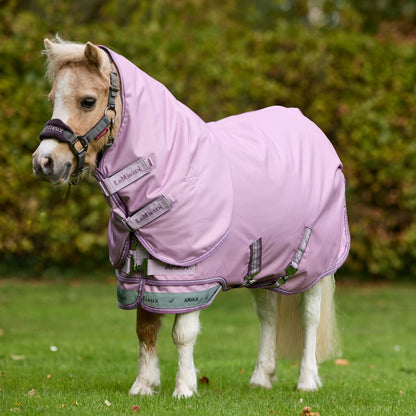 Ein kleines Shetlandpony auf der Weide trägt die LeMieux Arika Ripstop Outdoordecke in Fondant; die 50g Regendecke ist speziell in kleinen Ponygrößen von 75 cm bis 95 cm für Minishettys und Ponys erhältlich.