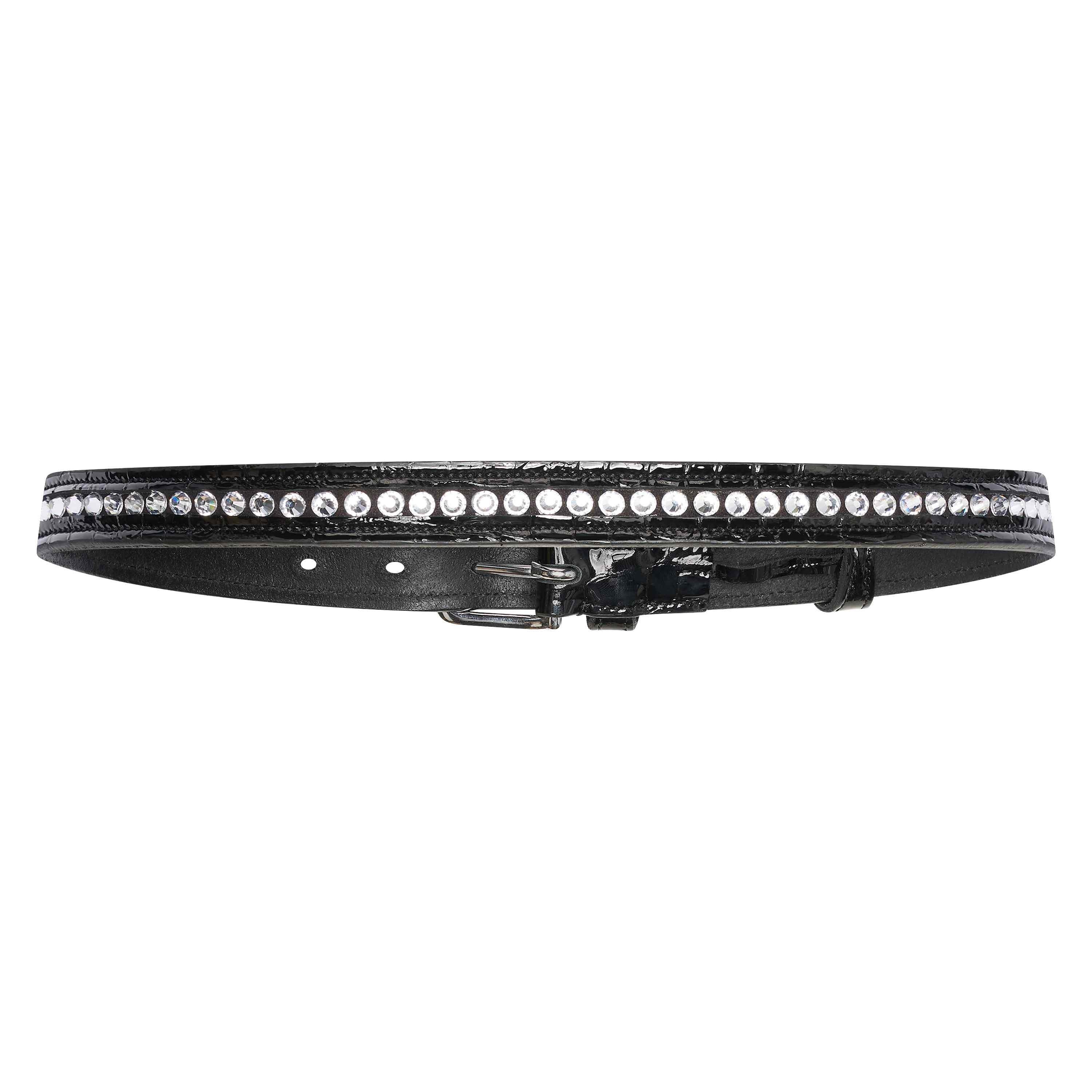 Rückseite des Imperial Riding IRHOlania Sparkle Gürtels in black croco silver, mit klaren glitzernden Strasssteinen eingebettet in schwarzes Croco-Lackleder, luxuriöser Reitgürtel für Turnier, Dressur, Freizeit und modische Equestrian Outfits.