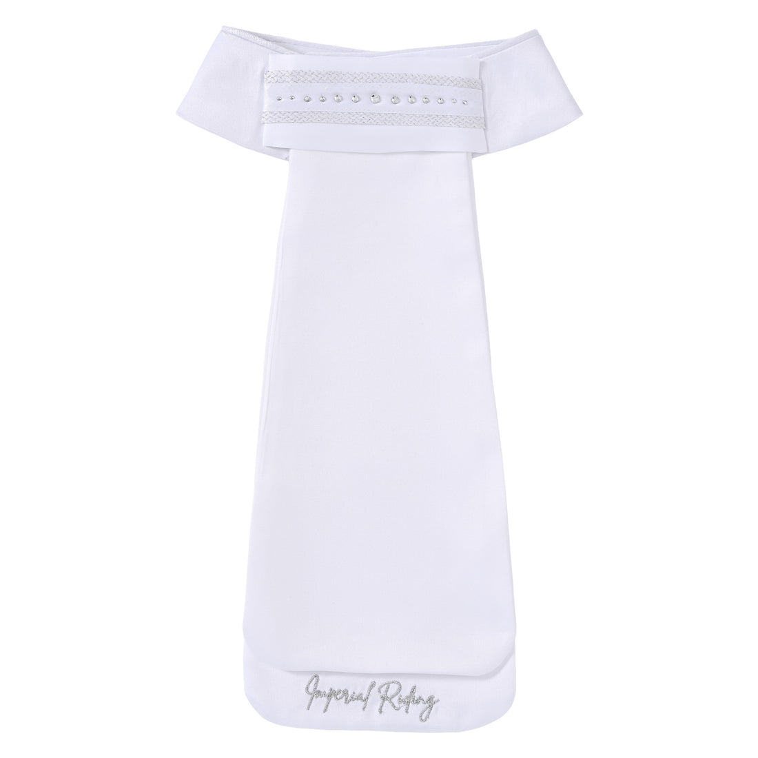 Imperial Riding Plastron IRHBasic weiß – elegantes Turnierplastron für Dressur, mit klaren Kristallsteinen, silbernem Netzmuster und klassischem Dressurkragen, ideales Plastron für Dressurprüfungen von Einsteigerklasse bis Grand Prix, komfortabel, stilvoll und elegant.