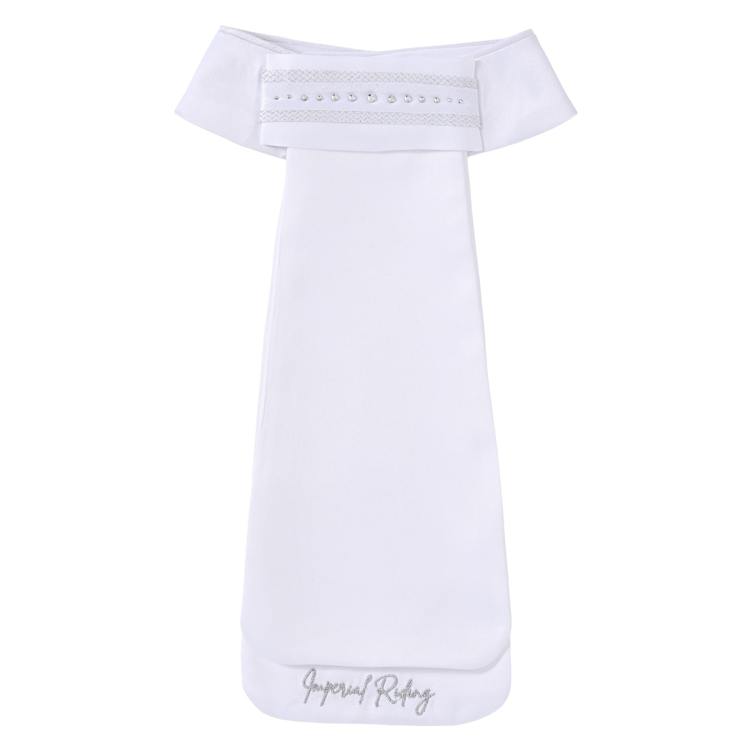 Imperial Riding Plastron IRHBasic weiß – elegantes Turnierplastron für Dressur, mit klaren Kristallsteinen, silbernem Netzmuster und klassischem Dressurkragen, ideales Plastron für Dressurprüfungen von Einsteigerklasse bis Grand Prix, komfortabel, stilvoll und elegant.