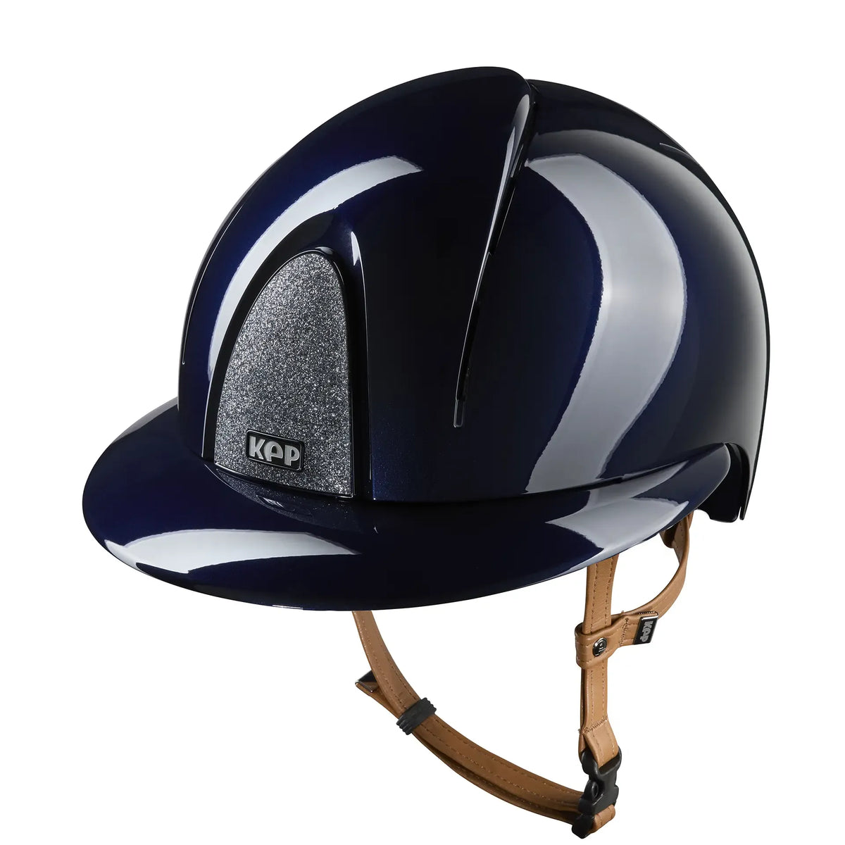 KEP Reithelm Smart Nova Metal Polish Blau, beige Beriemung, Star Glitzer Silber, Polo-Visier – Seitenansicht