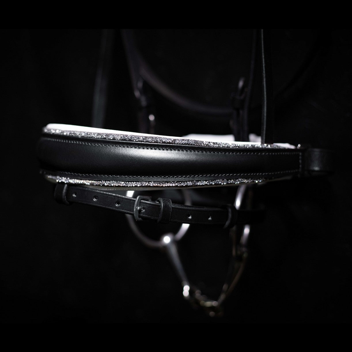 SD Design noseband Swedish combined black with crystal rocks decorative piping white lined