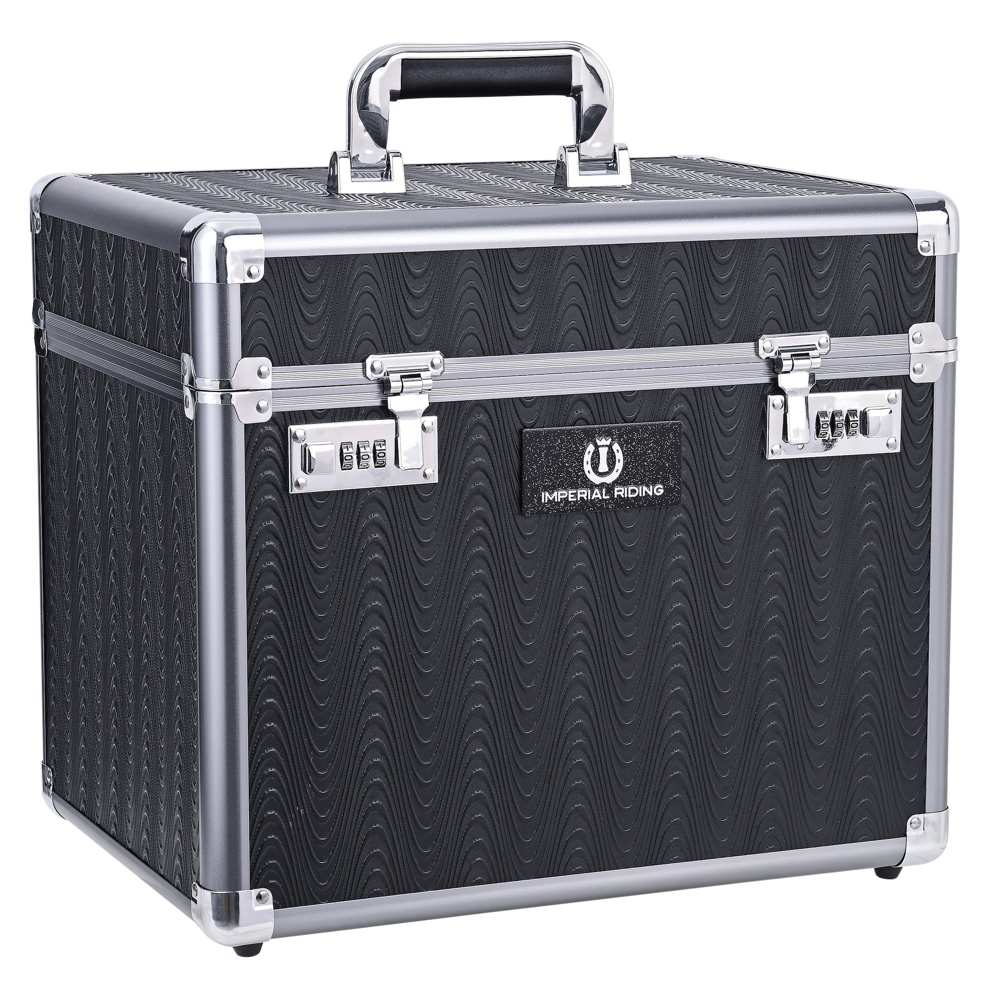 Geschlossene Imperial Riding Putzbox IRHShiny in grey black mit edlem Wellenmuster, grauem Metallrahmen und integriertem Zahlenschloss – stilvolle Premium Putzbox für Stall und Turnier.