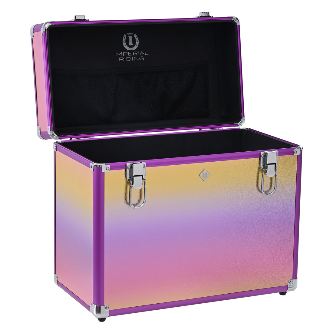IRHBasic Slim Line Putzbox Unicorn von Imperial Riding geöffnet, Vorderseite mit hängenden Kofferverschlüssen und Netztasche im Deckel, flexibler Innenraum für Bürsten und Pflegemittel, stylisches Einhorn-Design, schmal und funktional für Stall und Turnier.