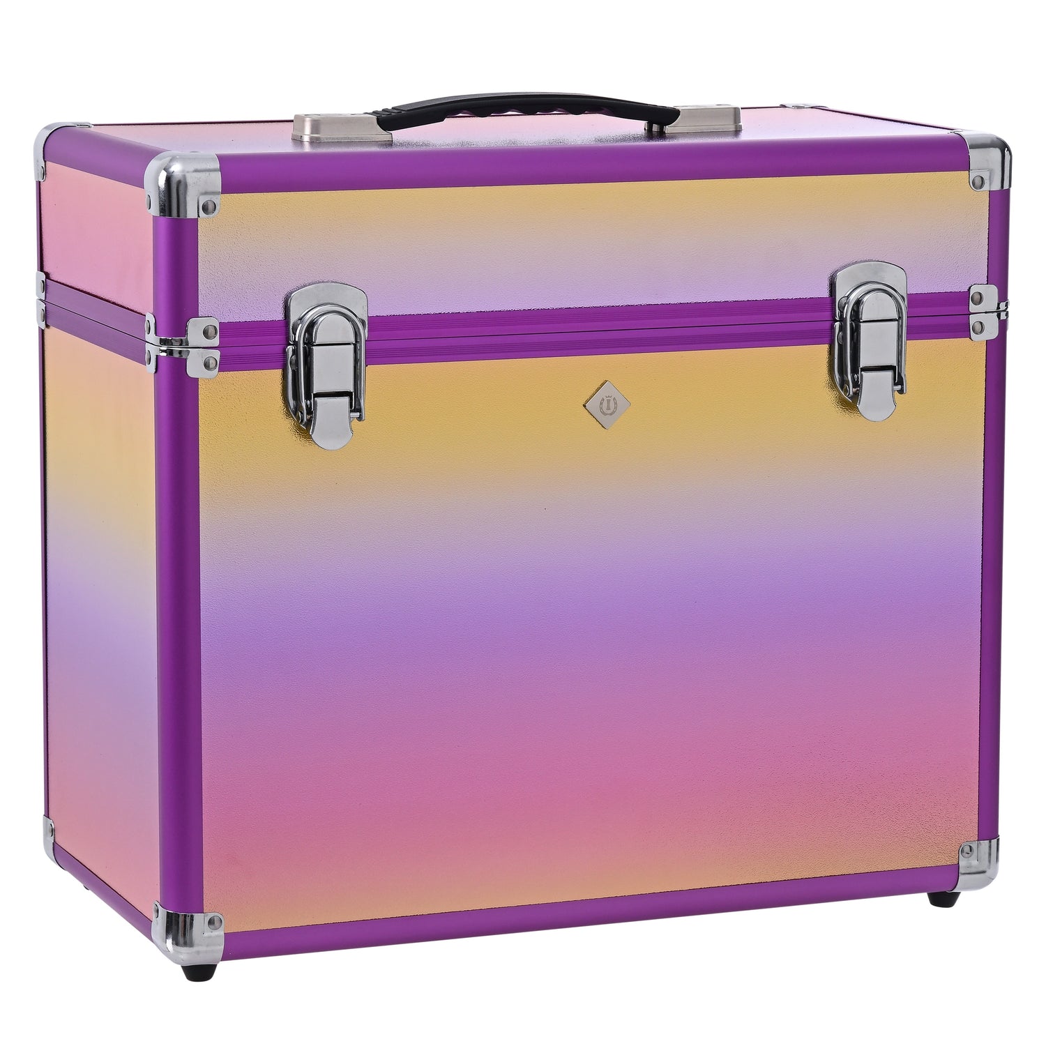 Imperial Riding IRHBasic Slim Line Putzbox Unicorn geschlossen, Vorderansicht, schmal und platzsparend, stabiler lilafarbener Rahmen, stylisches Einhorn-Farbdesign, ideal für Pferdepflege und Stall.