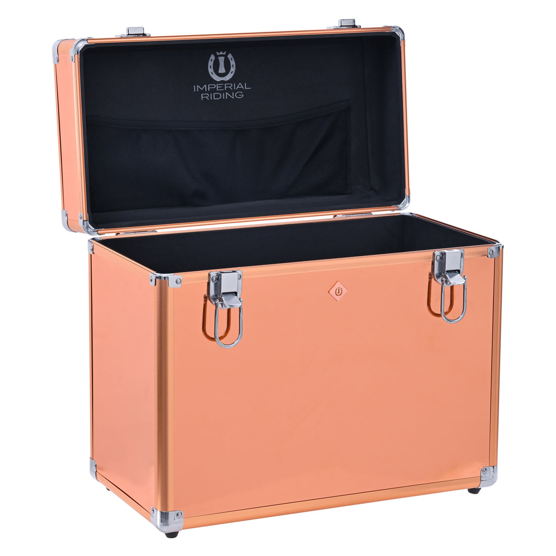 Geöffnete Imperial Riding IRHBasic Slim Line Putzbox in roségold mit gut sichtbaren Netztaschen im Deckel, ideal für die ordentliche Aufbewahrung von Bürsten, Pflegemitteln und Pferdezubehör; perfekte, schmale Premium-Putzbox für Reiter im Stall und auf Turnieren.