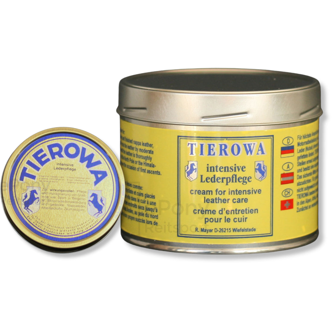 Eine Dose Tierowa Intensive Lederpflege farblos/neutral zur Pflege, Konservierung und wasserabweisenden Herstellung von Lederartikeln, mit geöffnetem Deckel und der Marke Tierowa sowie Produktinformationen.