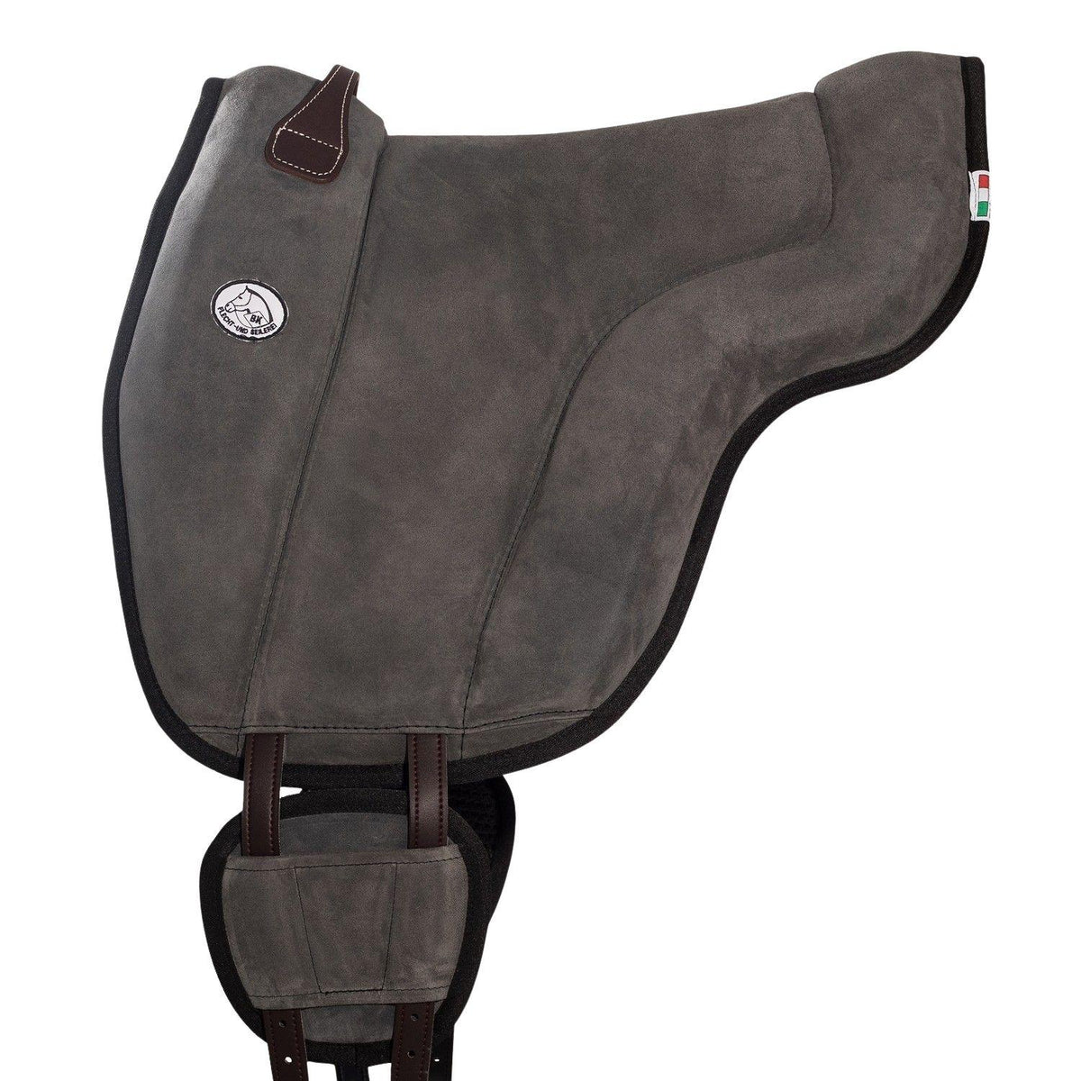 Brockamp Bareback Pad Reitpad Spezial in Dunkelgrau aus echtem Wildleder mit stoßdämpfender Neopren-Unterseite, integrierten Pauschen und V-Gurtung für rückenschonendes, stabiles Reiten ohne Sattel auf Pferd und Pony.