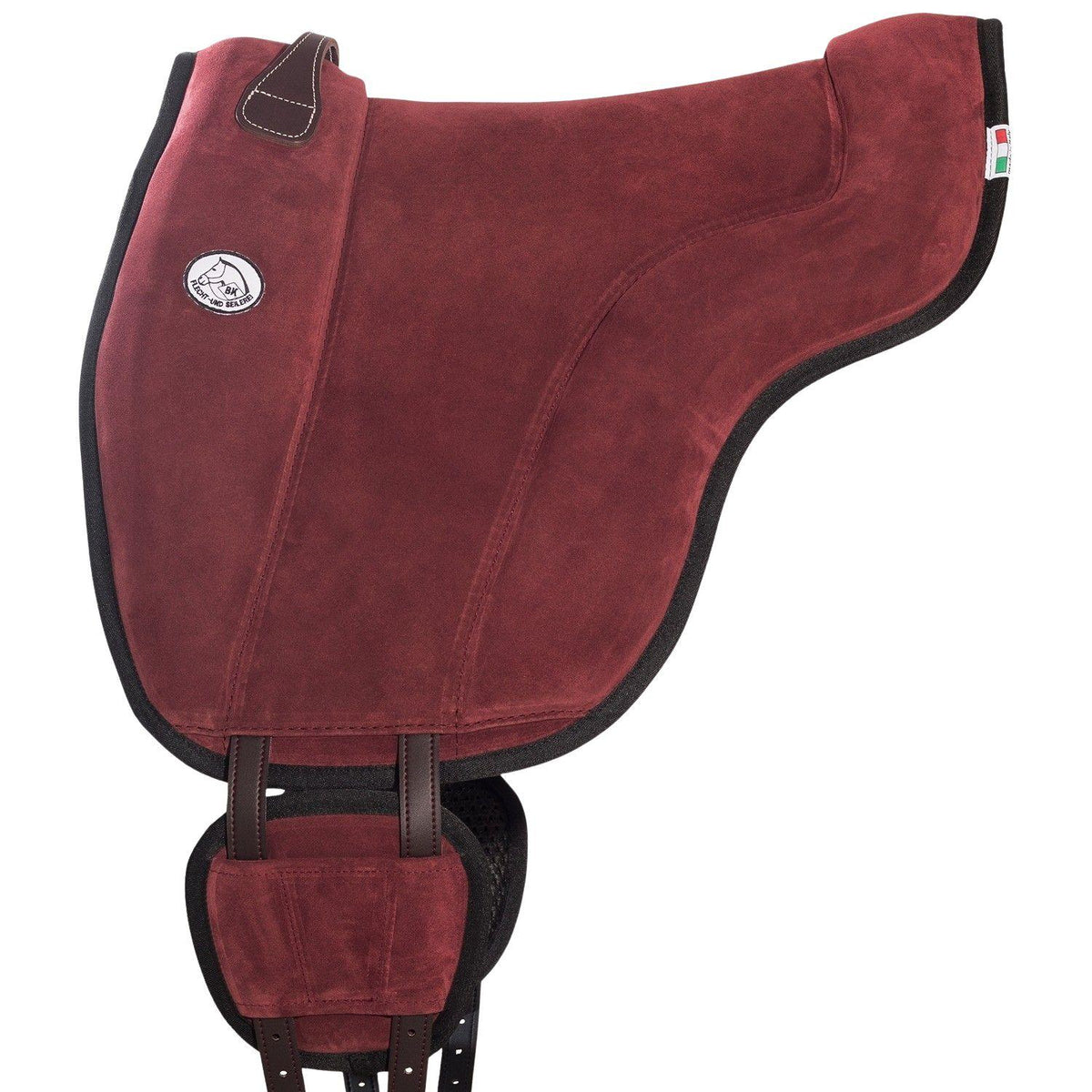 Anatomisches Brockamp Bareback Pad Reitpad Spezial in edlem Bordeaux aus echtem Wildleder mit integrierten Kniepauschen, stützender Hinterzwiesel-Polsterung und pferdefreundlicher V-Gurtung in der Seitenansicht für stabiles Reiten ohne Sattel.