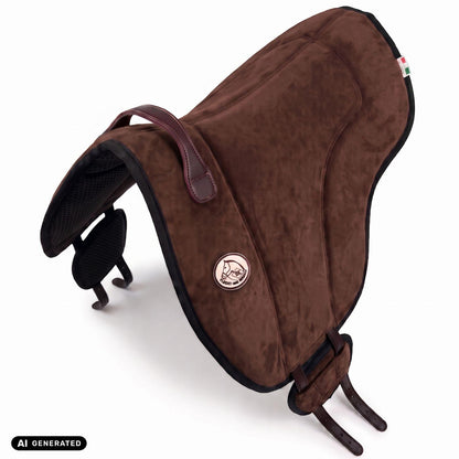 Die Perspektivansicht von oben auf das braune Brockamp Bareback Pad Reitpad Spezial zeigt die ergonomische Wildleder-Sitzfläche, rahmende Pauschen sowie die seitliche V-Gurtung. Die flexibel verschiebbaren Gurtpolster mit rutschfestem Neopren veranschaulichen die gleichmäßige Druckverteilung beim Reiten ohne Sattel auf Pferd und Pony.