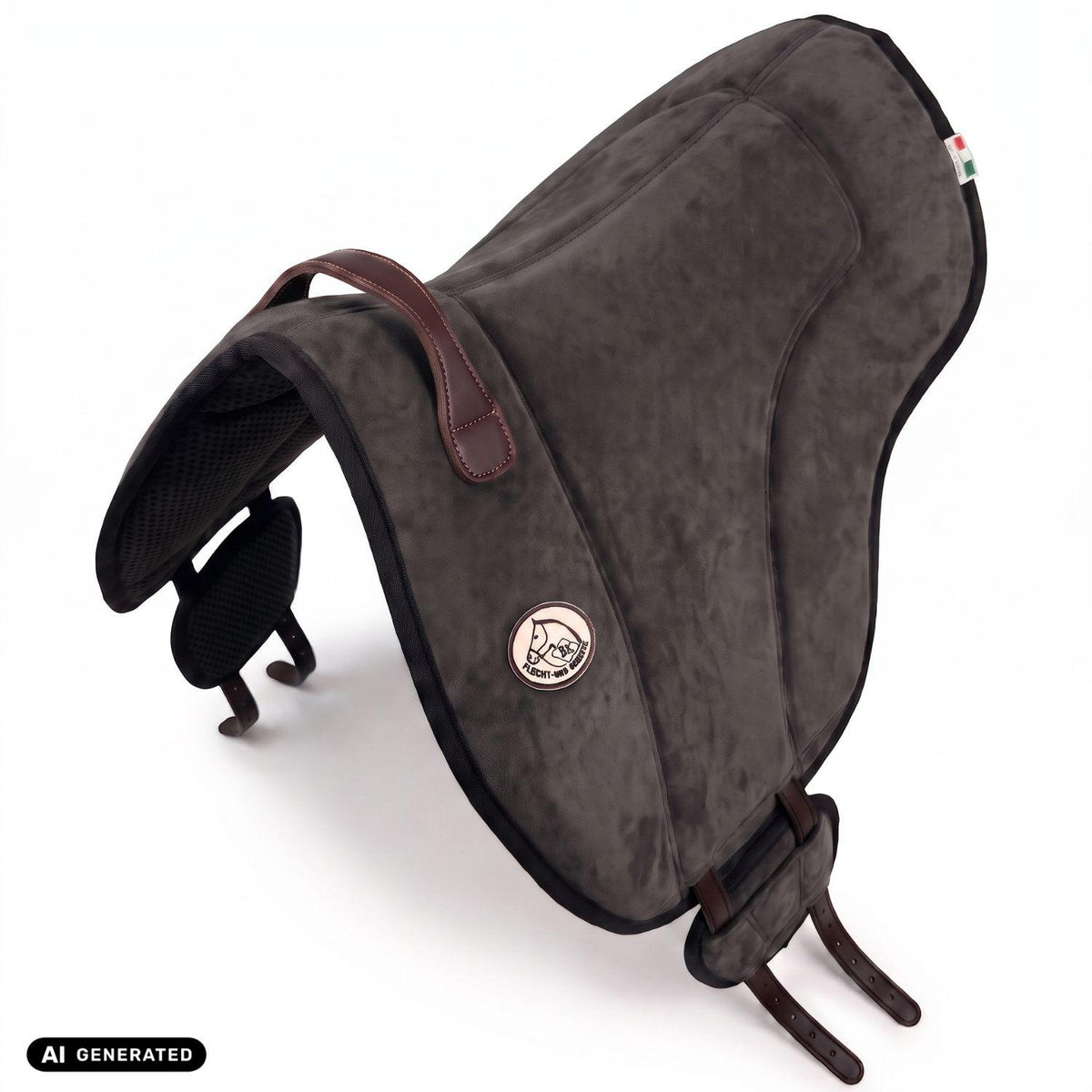 Die Perspektivansicht von oben auf das dunkelgrau Brockamp Bareback Pad Reitpad Spezial zeigt die ergonomische Wildleder-Sitzfläche, rahmende Pauschen sowie die seitliche V-Gurtung. Die flexibel verschiebbaren Gurtpolster mit rutschfestem Neopren veranschaulichen die gleichmäßige Druckverteilung beim Reiten ohne Sattel auf Pferd und Pony.