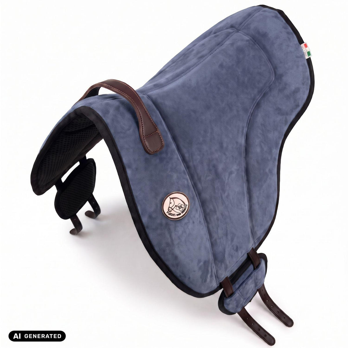 Die Perspektivansicht von oben auf das jeansblaue Brockamp Bareback Pad Reitpad Spezial zeigt die ergonomische Wildleder-Sitzfläche, rahmende Pauschen sowie die seitliche V-Gurtung. Die flexibel verschiebbaren Gurtpolster mit rutschfestem Neopren veranschaulichen die gleichmäßige Druckverteilung beim Reiten ohne Sattel auf Pferd und Pony.