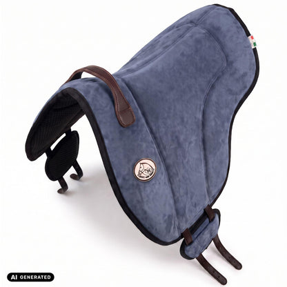 Die Perspektivansicht von oben auf das jeansblaue Brockamp Bareback Pad Reitpad Spezial zeigt die ergonomische Wildleder-Sitzfläche, rahmende Pauschen sowie die seitliche V-Gurtung. Die flexibel verschiebbaren Gurtpolster mit rutschfestem Neopren veranschaulichen die gleichmäßige Druckverteilung beim Reiten ohne Sattel auf Pferd und Pony.
