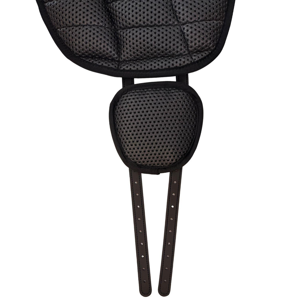 Die Nahaufnahme der Unterseite des marinefarbenen Brockamp Bareback Pad Reitpad Spezial zeigt die strukturierte, stoßabsorbierende Anti-Slip-Neopren-Fläche an Pad und verschiebbarem Gurtpolster. Die darunter hervorlaufenden braunen Leder-Gurtstrippen der V-Gurtung verdeutlichen die rutschhemmende Bauweise für stabilen Halt beim Reiten ohne Sattel.